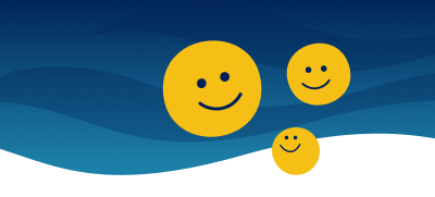 three yellow smiley faces floating together with light blue empower flag background