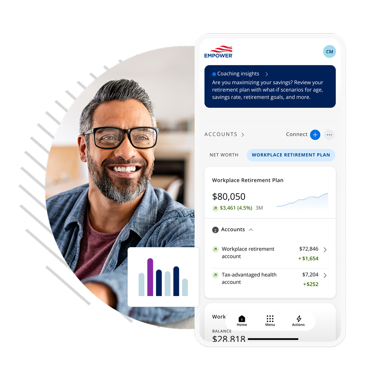 Mobile dashboard showing a workplace retirement plan with coaching insights, account balances, and retirement and health savings accounts.