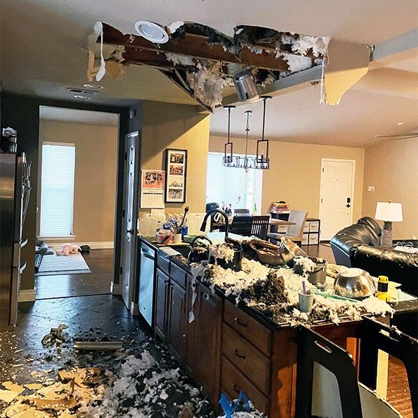 view of a kitchen with water damage from Texas storm
