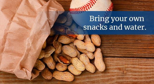Peanuts and a baseball. Text: Bring your own snacks and water