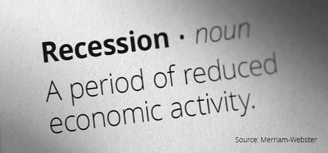 The word Recession shown in a dictionary with definition