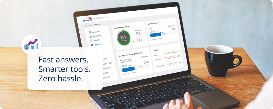 A laptop screen displays Empower plan service center. Fast answers Smarter tools. Zero hassle.