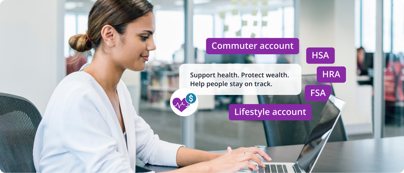 A woman sits at a desk, typing on laptop. Support health. Protect wealth. Help people stay on track. 