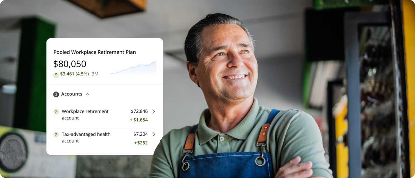 Small business owner with a dashboard showing a pooled workplace retirement plan, workplace retirement account, and tax-advantaged health account balances.