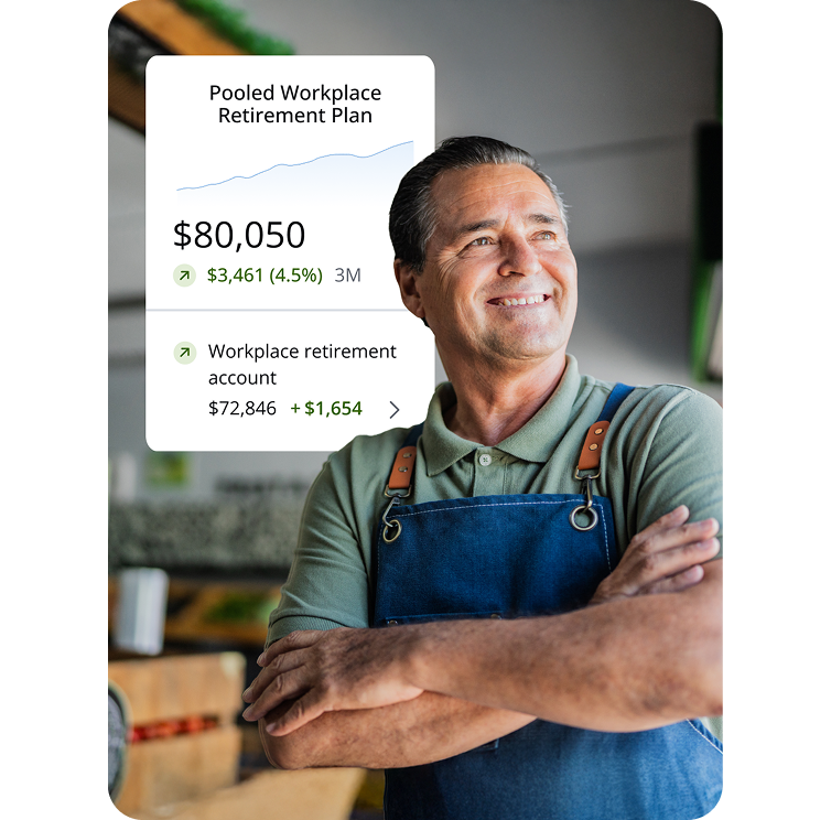 Small business owner with a dashboard showing a pooled workplace retirement plan, workplace retirement account, and tax-advantaged health account balances.