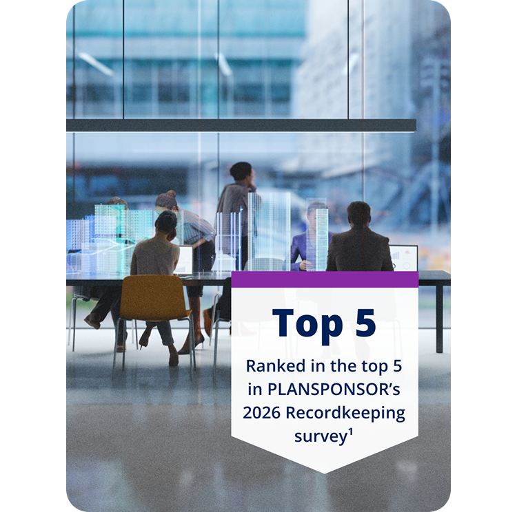 Company employees sit in a meeting room with graphic showing Empower Ranked in the top 5 in PLANSPONSOR's 2026 Recordkeeping survey.