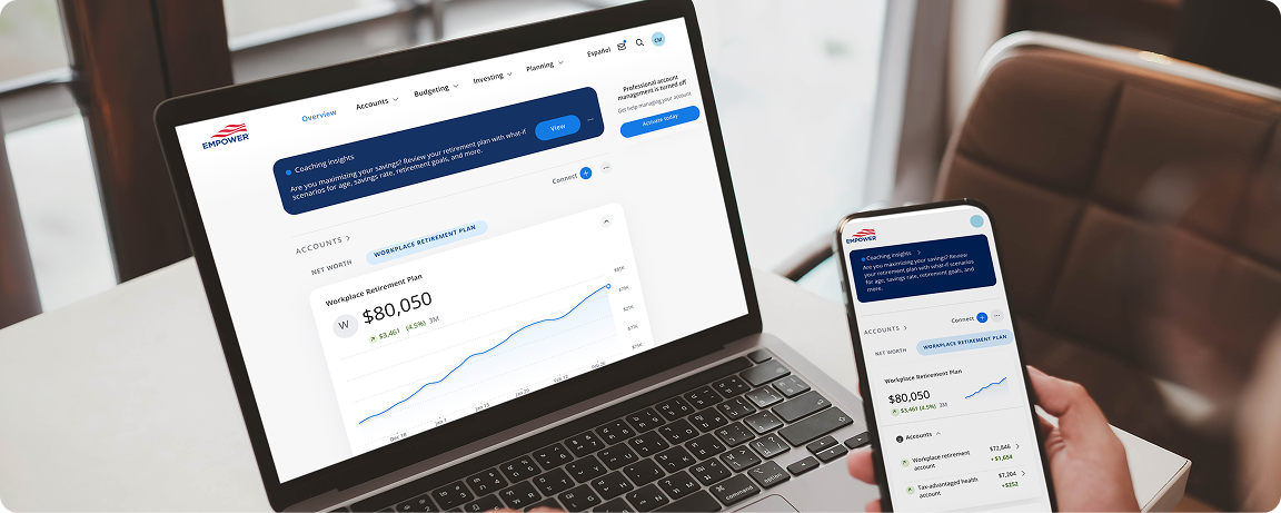 Empower plan sponsor dashboard displayed on a laptop and smartphone, showing workplace retirement plan balances and account management tools.