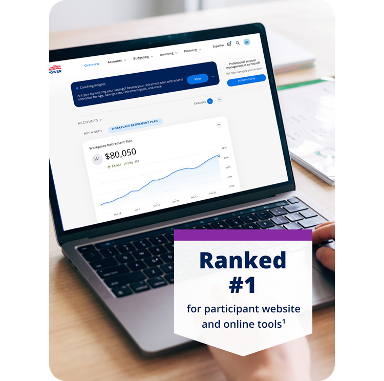 Empower participant website displayed on a laptop with a recognition stating it is ranked number one for participant website and online tools.