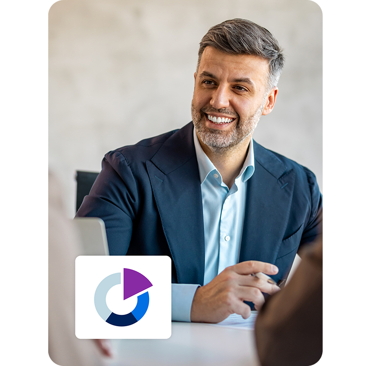 Plan sponsor meeting with an advisor alongside a dashboard for monitoring retirement plan performance and participant outcomes.