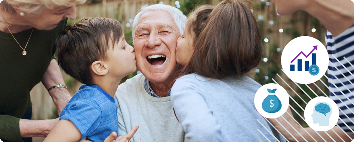 Multigenerational family celebrating together with icons representing wealth growth, savings, and financial planning.