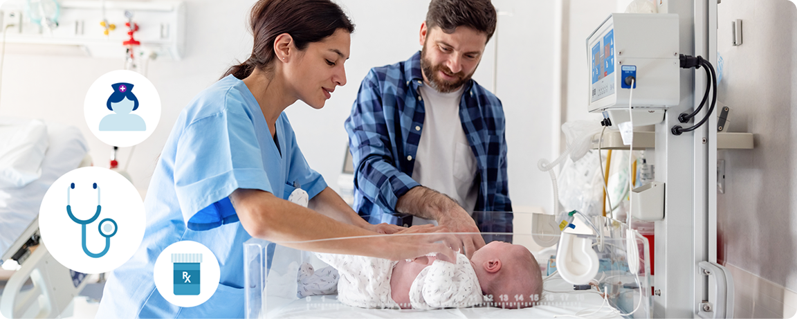 Healthcare professional and parent caring for an infant, with icons representing eligible medical, nursing, and prescription-related education expenses.