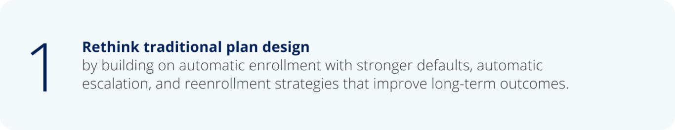 1. Rethink traditional plan design by building on automatic enrollment with stronger defaults, automatic  escalation, and reenrollment strategies that improve long-term outcomes.