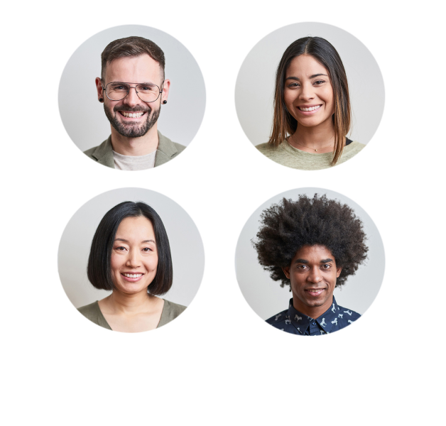 Four circles in a grid with headshots of different people