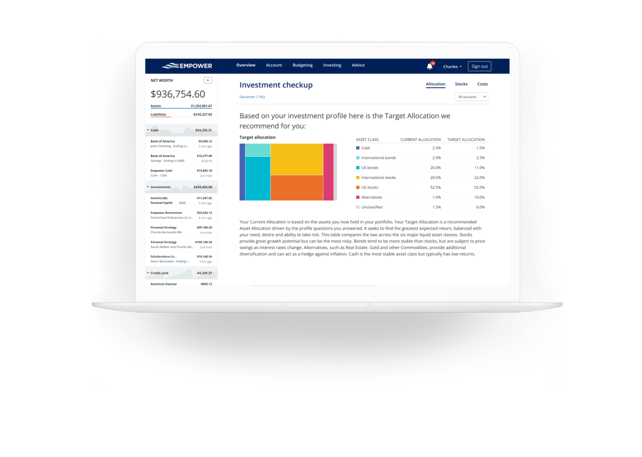 view of the investment checkup dashboard