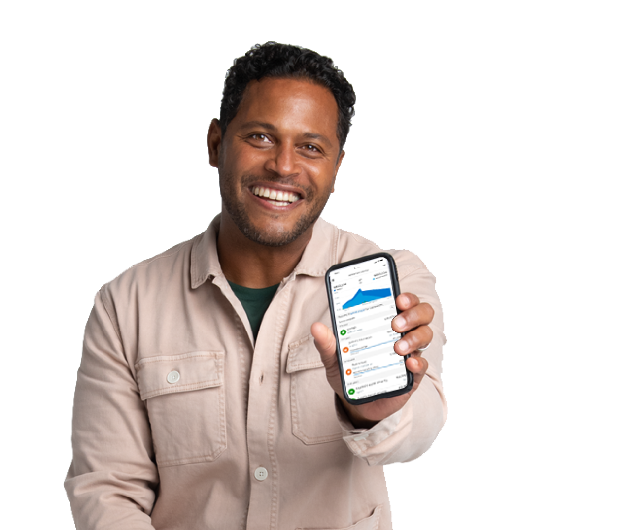 man with button-up shirt smiling holding a smartphone