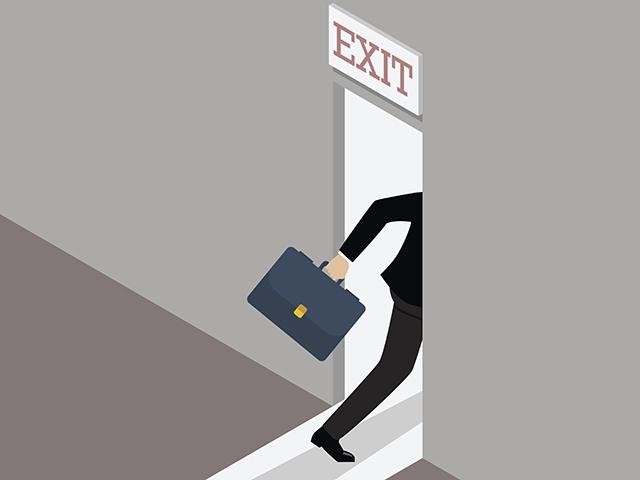 Illustrated graphic of worker walking through Exit door
