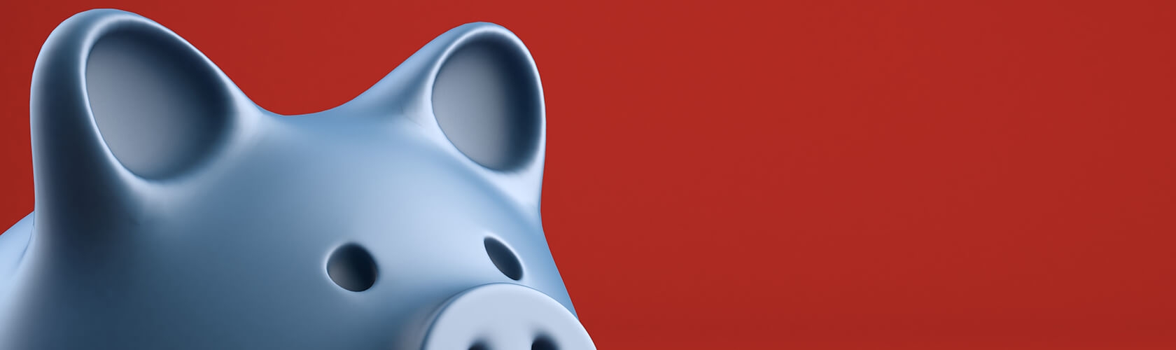 A piggy bank sits in front of a red background